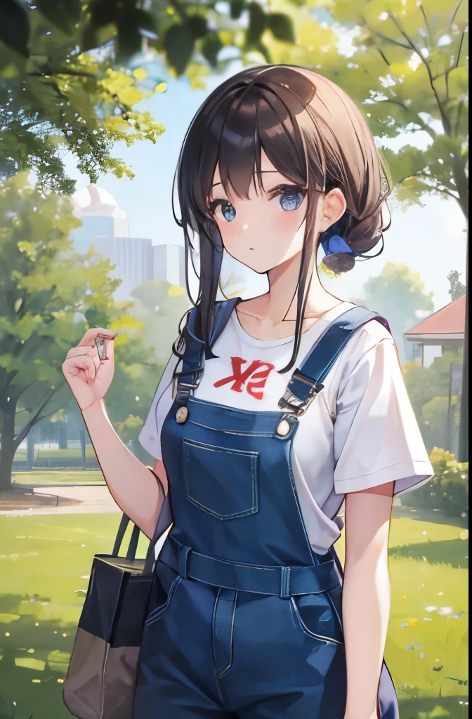 A college girl wearing overalls and farming。I&#39;m so happy to have tomatoes。Tomatoes are still green。