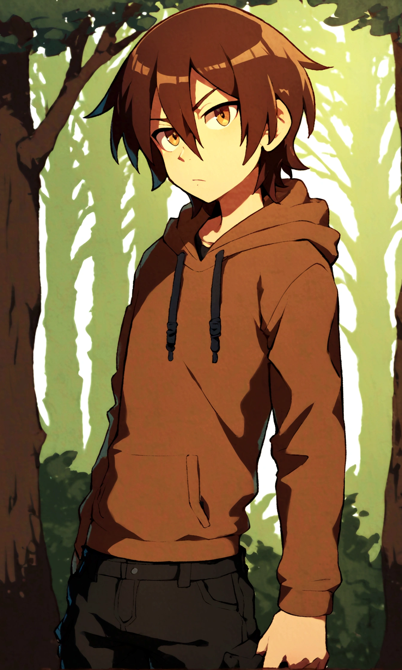 man, slim body, solo, with a serious look, brown hoodie, black cargo pants, long sleeves, baggy, dark brown hair, medium hair, hair between eyes, brown eyes, well detailed, highest quality, forest, day, score_9, score_8_up, score_7_up, score_6_up, score_5_up, score_4_up