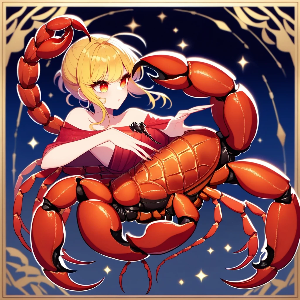 (Yellow plum、high quality、Very detailed),Constellation Scorpion 、Poisonous tail,(((Huge reddish black scorpion:1.6))),A woman intimidating a Scorpio,Similar to the goodness of Latin,Brave,Whimsical,productivity,The face of progress and humanitarianism,Long golden hair,Ancient Greek Costume、Wrap dress,The background is space,Crystal Red Eye(Eye details),A powerful look