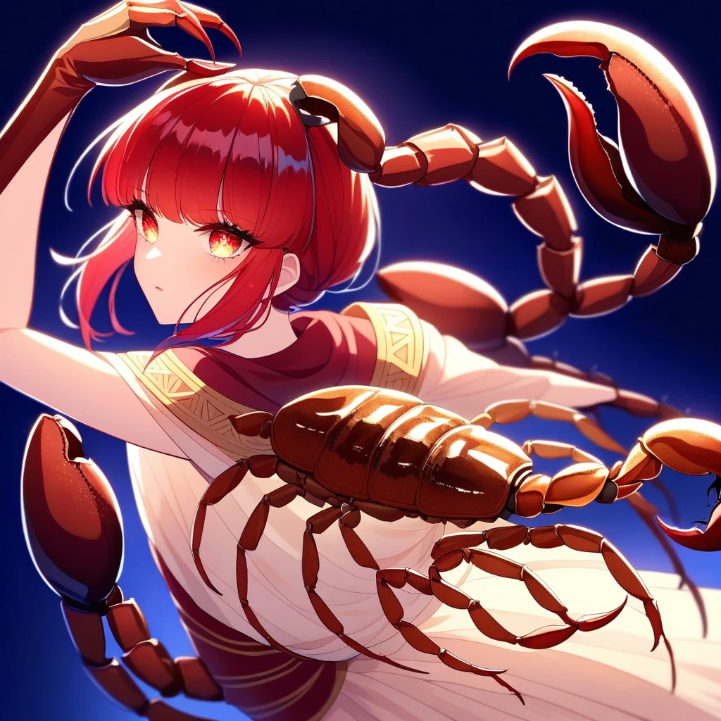 （Yellow plum、high quality、Very detailed），Constellation Scorpion 、Poisonous tail，(((Huge reddish black scorpion:1.6)))，A woman intimidating a Scorpio，Similar to the goodness of Latin，Brave，Whimsical，productivity，The face of progress and humanitarianism，Long golden hair，Ancient Greek Costume、Wrap dress，The background is space，Crystal Red Eye（Eye details），A powerful look