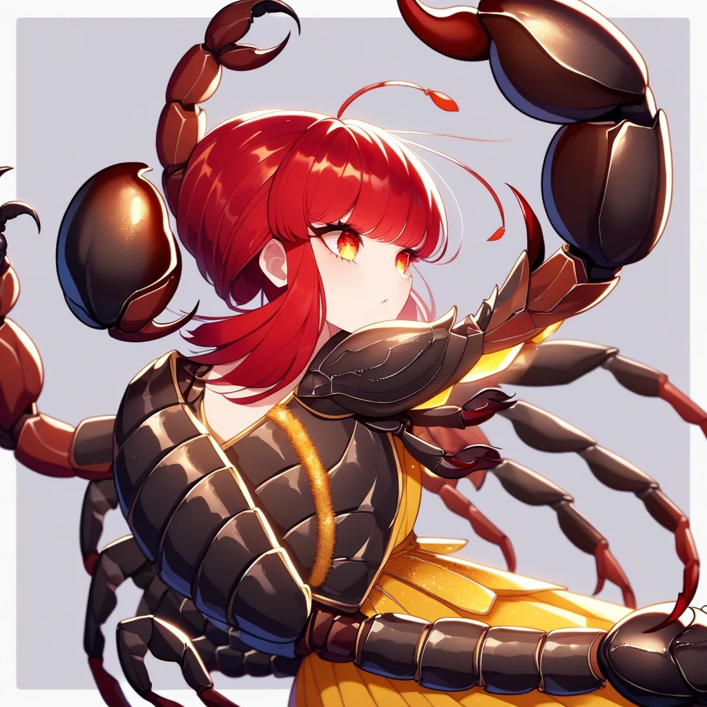 （Yellow plum、high quality、Very detailed），Constellation Scorpion 、Poisonous tail，(((Huge reddish black scorpion:1.6)))，A woman intimidating a Scorpio，Similar to the goodness of Latin，Brave，Whimsical，productivity，The face of progress and humanitarianism，Long golden hair，Ancient Greek Costume、Wrap dress，The background is space，Crystal Red Eye（Eye details），A powerful look