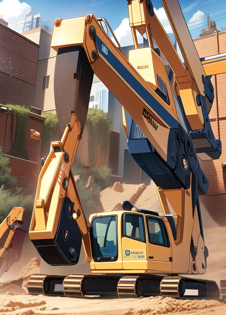A cartoon excavator on a construction site top quality, Rich details, Perfect image quality,
 