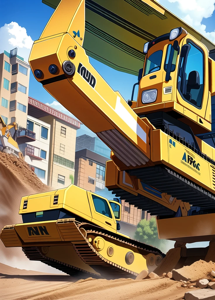 A cartoon excavator on a construction site top quality, Rich details, Perfect image quality,
