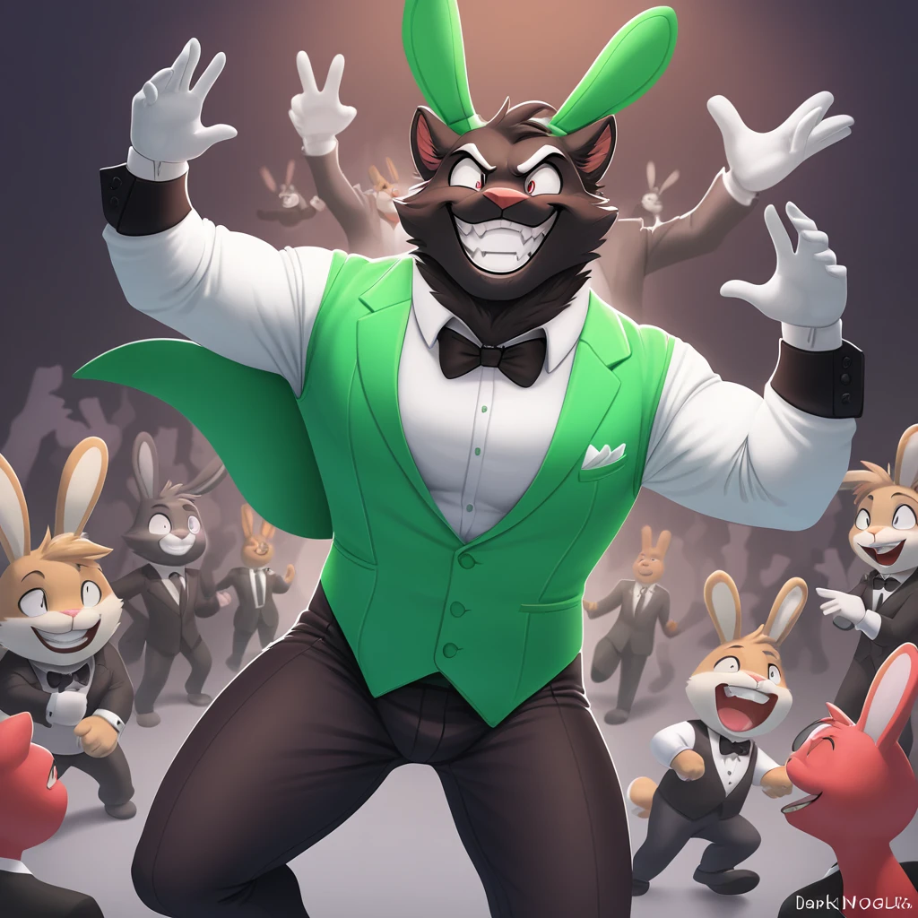 Advisor with dark fur and dressed in a bunny costume of a green suit and pants with a white shirt and black tie and a maniacal grin upon his face as conflict erupts behind him