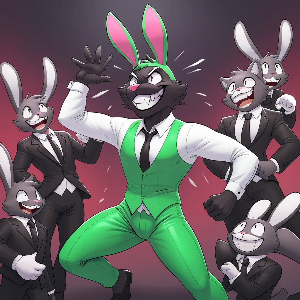 Advisor with dark fur and dressed in a bunny costume of a green suit and pants with a white shirt and black tie and a maniacal grin upon his face as conflict erupts behind him