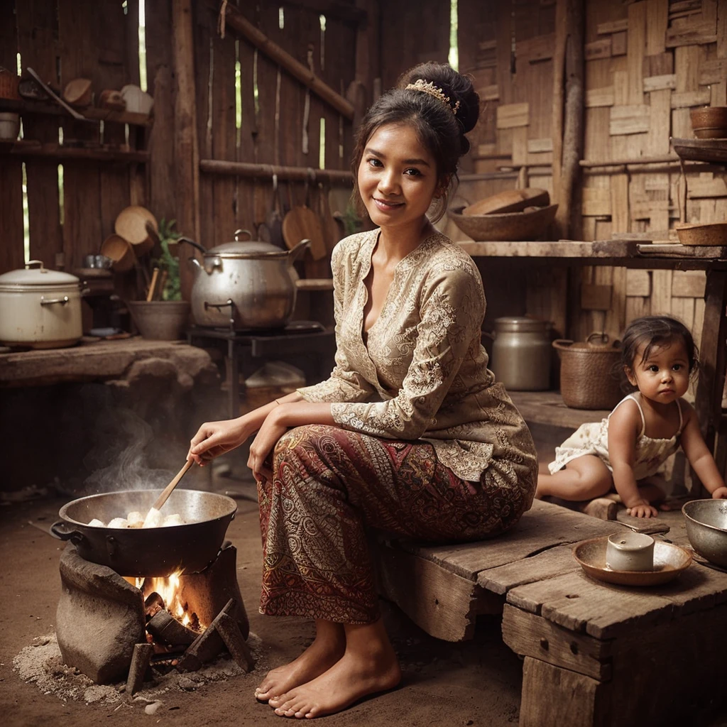 a very beautiful oval face Indonesian woman, 24 years old, ideal body, wearing a kebaya and batik jarik cloth, hair up. sitting on a wooden bench. cooking in the kitchen using firewood there is a clay stove, Boil eggs in boiling water. bamboo wall background, and old kitchen utensils. the floor is still dirt. smiling gently and very sweetly. Beside him was a 2 year old girl playing,
