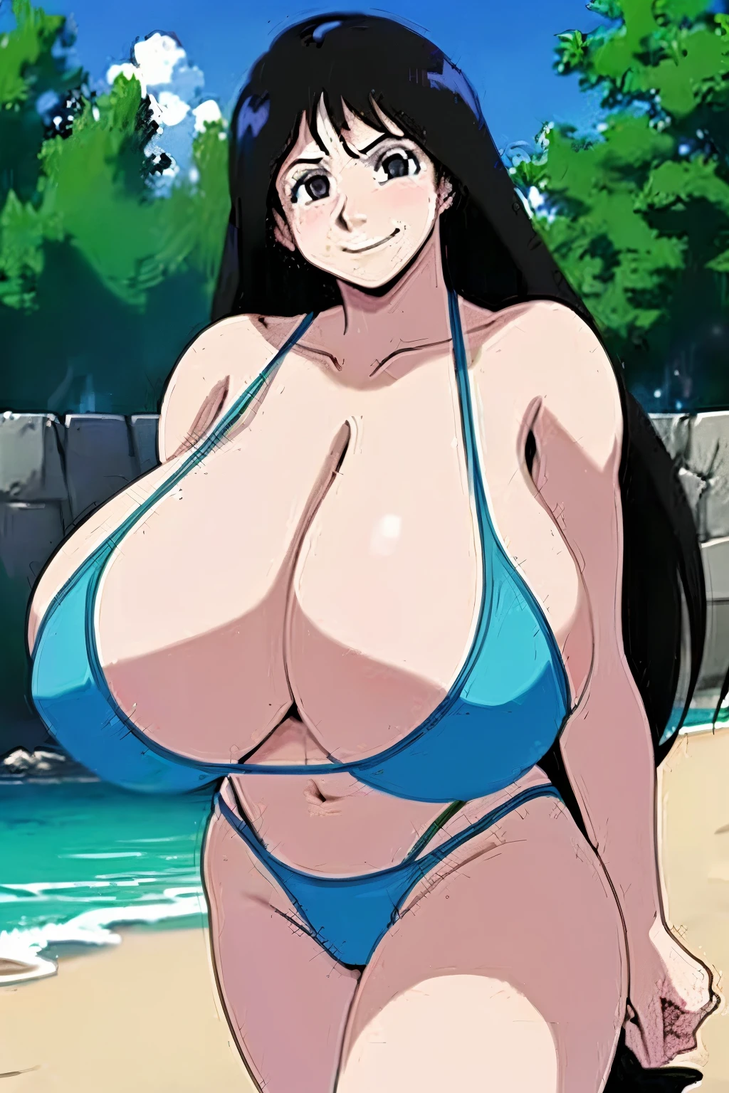 (breast focus,breast squeeze:1.4),(nakanotami mina,airmaster,black hair,long hair,shibata yokusaru style,wide hip,nagatiti,(gigantic breasts,massive breasts:1.4),wide hip:1),(smirk),(bikini,beach,sea,water)