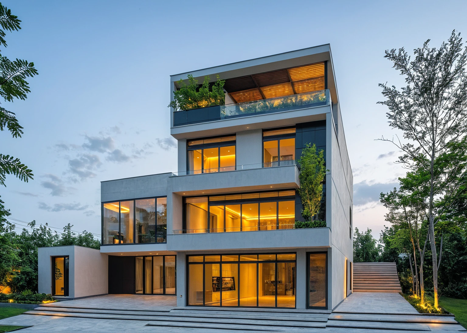 Masterpiece, high quality, best quality, authentic, super detail, outdoors, onestoreyvillaXL, aiaigroup, luxury house style modern on the street ,glass, stairs, white wall ,road,pavement, grass, trees, sky, cloud, (night light:1.1)
