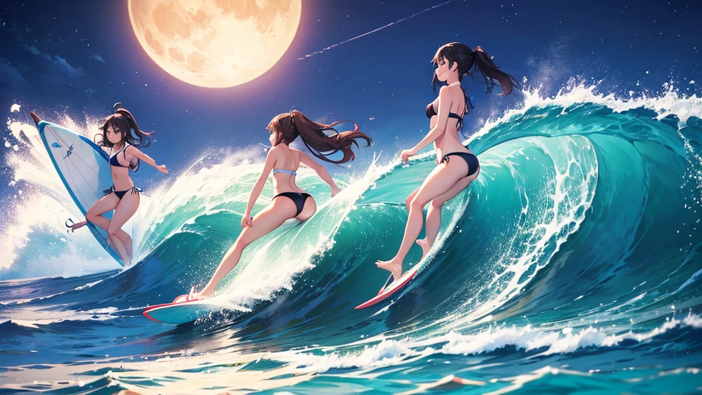 Three bikini girls surfing side by side on a moonlit night。