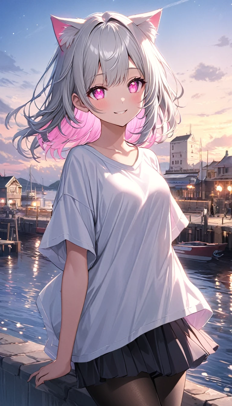 Highly detailed face,fine grain,Waterfront,Sparkling eyes,Highlighted eyes,Medium chest,pretty girl,smile,Cat ear,Beautiful silver hair,Pink inside,Beautiful pink eyes,Oversized shirt、skirt、black tights
