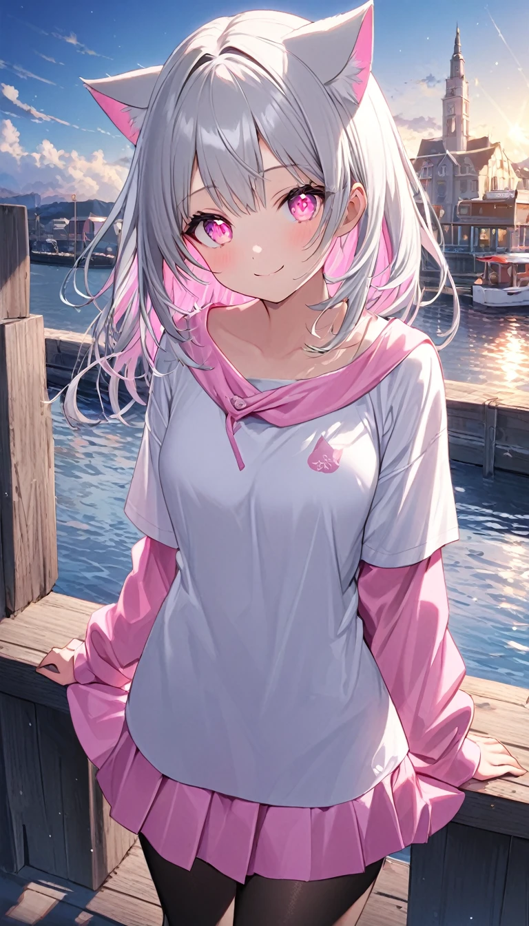 Highly detailed face,fine grain,Waterfront,Sparkling eyes,Highlighted eyes,Medium chest,pretty girl,smile,Cat ear,Beautiful silver hair,Pink inside,Beautiful pink eyes,Oversized shirt、skirt、black tights