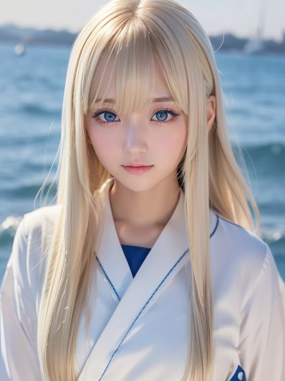 Silky skin and glowing cheeks、A very beautiful and adorable 20 year old girl、((Long bangs that reach down to the nose and between the eyes,,,))、Beautiful and cute young woman with very long, silvery, silky platinum blonde hair、Very beautiful pale yellow eyes shining、Bright expression、Summery clothes、Flat Chest、