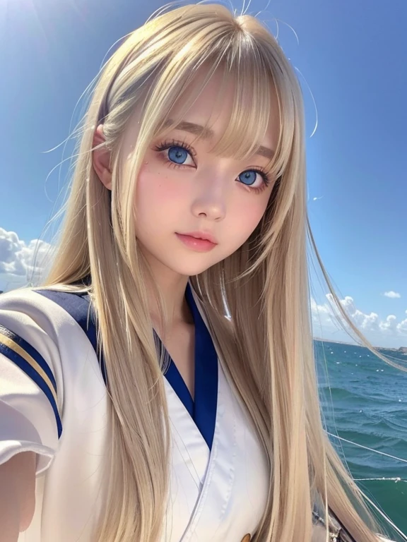 Silky skin and glowing cheeks、A very beautiful and adorable 20 year old girl、((Long bangs that reach down to the nose and between the eyes,,,))、Beautiful and cute young woman with very long, silvery, silky platinum blonde hair、Very beautiful pale yellow eyes shining、Bright expression、Summery clothes、Flat Chest、