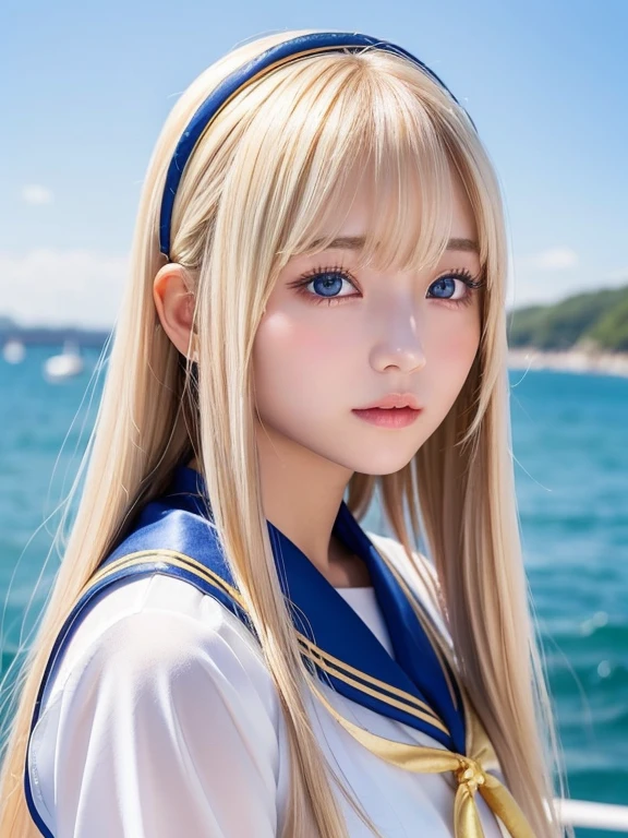 Silky skin and glowing cheeks、A very beautiful and adorable 20 year old girl、((Long bangs that reach down to the nose and between the eyes,,,))、Beautiful and cute young woman with very long, silvery, silky platinum blonde hair、Very beautiful pale yellow eyes shining、Bright expression、Summery clothes、Flat Chest、