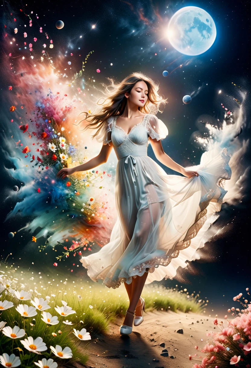 Perfect image:1.5. Analogue Photography:1.2),((Dynamic pose:1.2),(Dynamic Camera),NASA Style, On a moon full of flowers, Young woman in a long lace dress, Long Hair,Walk happily on the flower moon, Looking into the camera, The background is space, and Earth, performer, Other planets also appear to have ribbons flying around, Ultra-realistic, Actual photo shoot, Realistic, Photo taken with a Mamiya ARZ67 and Portra 400 film, Aperture 4, Shutter Speed 125 Stardust (Natural Color, Correct White Balance, Color Correction, Haze Removal,clarity), (Composition centering, Conceptual Photography)),(midnight, high quality, Film Grain), (Natural Color, Correct White Balance, Color Correction, Haze Removal,clarity)