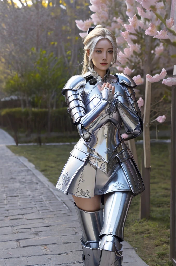 (8K, best quality:1.2), (masterpiece:1.37), (photo, photoPractical:1.37), (Ultra-high resolution),whole body,Depth of Field,The upper part of the armor has a deep V-neck slit that reveals the chest,Huge breasts,The lower part is a miniskirt-style skirt., Exposing golden thong,Full body, Walking posture, shot From Front, Slow Motion, Female paladin wearing the Full body, (Light silver armor:1.2),(Richly decorated armor), (Extremely detailed, bloom:1.5), (best quality, Alessandro Casagrande, Greg Rutkowski, Sally Mann, Concept Art, 4K), (simulation:1.2), (high sharpness), (Detailed student:1.1), detailed Face and eyes, masterpiece, best quality, (highly detailed photo:1.1), (Long blond hair, Ponytail,ecstatic:1.1), (Young woman:1.1), sharp, (perFect body:1.1), Practical, True Shadows, 3d, (Temple Background:1.2), (Michelangelo), photographed by Canan EOS R6, 135 mm, 1/1250s, F/2.8, ISO 400