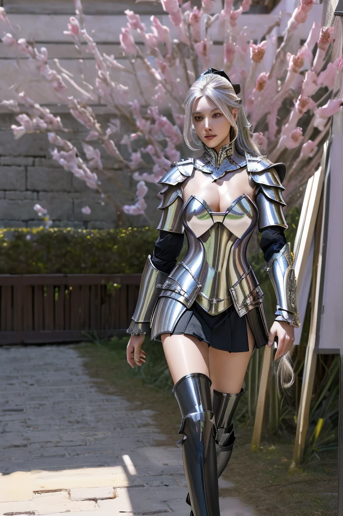 (8K, best quality:1.2), (masterpiece:1.37), (photo, photoPractical:1.37), (Ultra-high resolution),whole body,Depth of Field,The upper part of the armor has a deep V-neck slit that reveals the chest,Huge breasts,The lower part is a miniskirt-style skirt., Exposing golden thong,Full body, Walking posture, shot From Front, Slow Motion, Female paladin wearing the Full body, (Light silver armor:1.2),(Richly decorated armor), (Extremely detailed, bloom:1.5), (best quality, Alessandro Casagrande, Greg Rutkowski, Sally Mann, Concept Art, 4K), (simulation:1.2), (high sharpness), (Detailed student:1.1), detailed Face and eyes, masterpiece, best quality, (highly detailed photo:1.1), (Long blond hair, Ponytail,ecstatic:1.1), (Young woman:1.1), sharp, (perFect body:1.1), Practical, True Shadows, 3d, (Temple Background:1.2), (Michelangelo), photographed by Canan EOS R6, 135 mm, 1/1250s, F/2.8, ISO 400