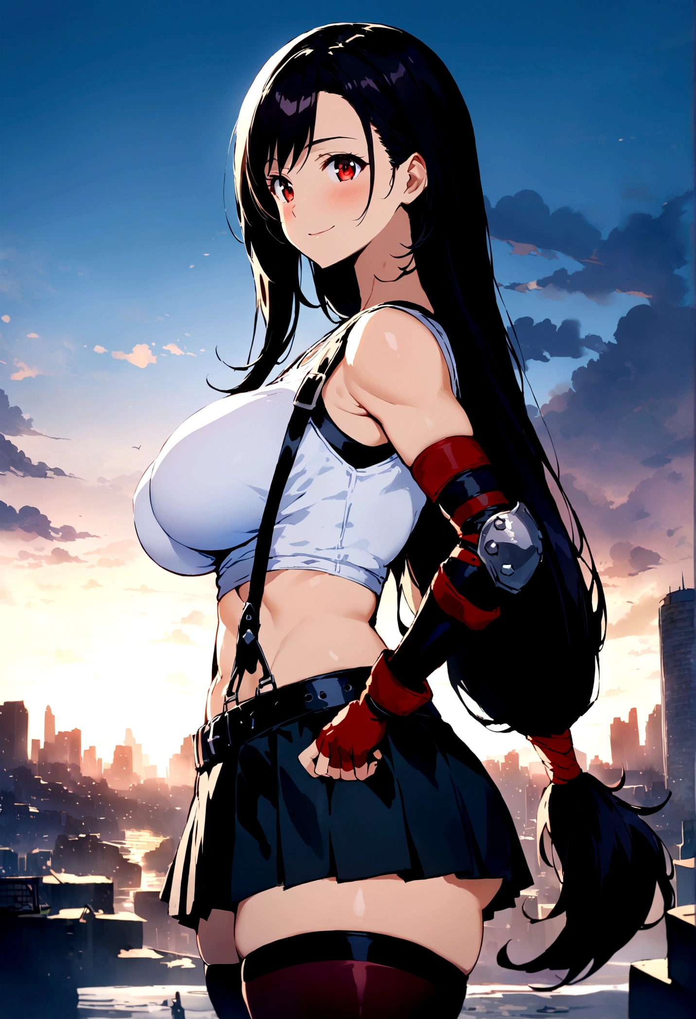 score_9, score_8_up, score_7_up,score_6, score_5,4k,BREAK , (from side:1.2),breast focus,standing,straight-on,,(upperbody),looking_at_viewer ,1girl, tifa lockhart, final fantasy, tareme,black hair, low-tied long hair, red eyes, bangs, white tank top, belt, pleated skirt, thighhighs, elbow fingerless gloves, elbow pads, midriff, navel,suspender skirt ,large_breasts,(light smile),Curvy waist,hands on hips,Solo,,(daytime and beachside and city),Toned,detailed skin,(best quality),aesthetic,very aesthetic,UHD,HDR,intricate detailed,anime,highly detailed,sharp focus,depth of field,,professional lighting,cinematic lighting,  　　　　　　　　　　　　　　　　　　　　　　　　　　　　　　　　　
