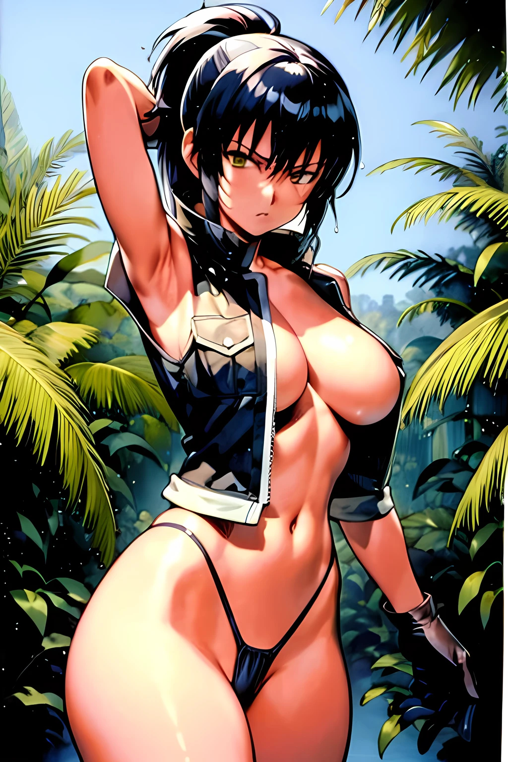 masterpiece, best quality, anime 1990s \(style\, leona heidern,  naked, fully open vest, thong, panty ,jungle, pony tail, wet, serious, gloves, 