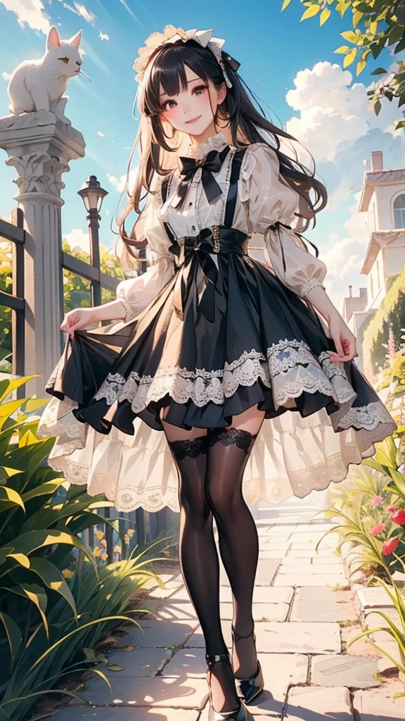 (Practical:1.3), Meticulous attention to detail, quality, (masterpiece:1.2), Delicate skin， (Intricate details), dramatic, Ray Tracing, 1 Girl, Smile, Very long hair, Bangs, Tutu，（（Lolita_skirt））, have,Ribbon,Lace,stocking, High heel, (outdoor, Sunny Day, garden, cloud)