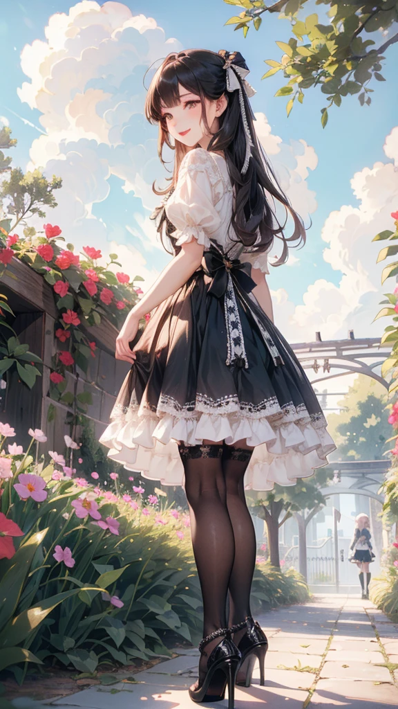 (Practical:1.3), Meticulous attention to detail, quality, (masterpiece:1.2), Delicate skin, (Intricate details), dramatic, Ray Tracing, 1 Girl, Smile, Very long hair, Bangs, Tutu,((ta_skirt)), have,Ribbon,Lace,stocking, High heel, (outdoor, Sunny Day, garden, cloud)
