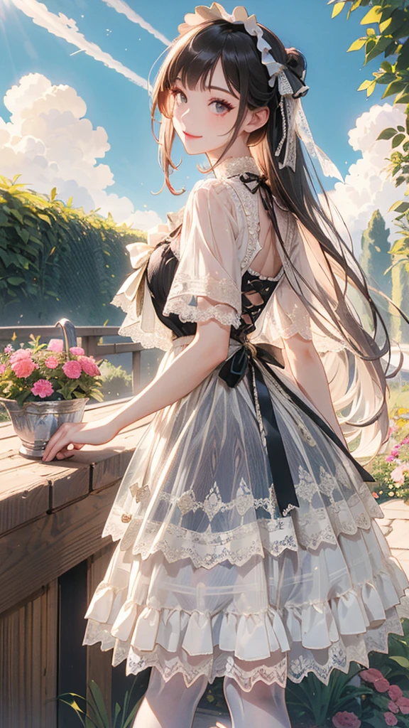 (Practical:1.3), Meticulous attention to detail, quality, (masterpiece:1.2), Delicate skin, (Intricate details), dramatic, Ray Tracing, 1 Girl, Smile, Very long hair, Bangs, Tutu,((Lolita_skirt)), have,Ribbon,Lace,stocking, High heel, (outdoor, Sunny Day, garden, cloud)