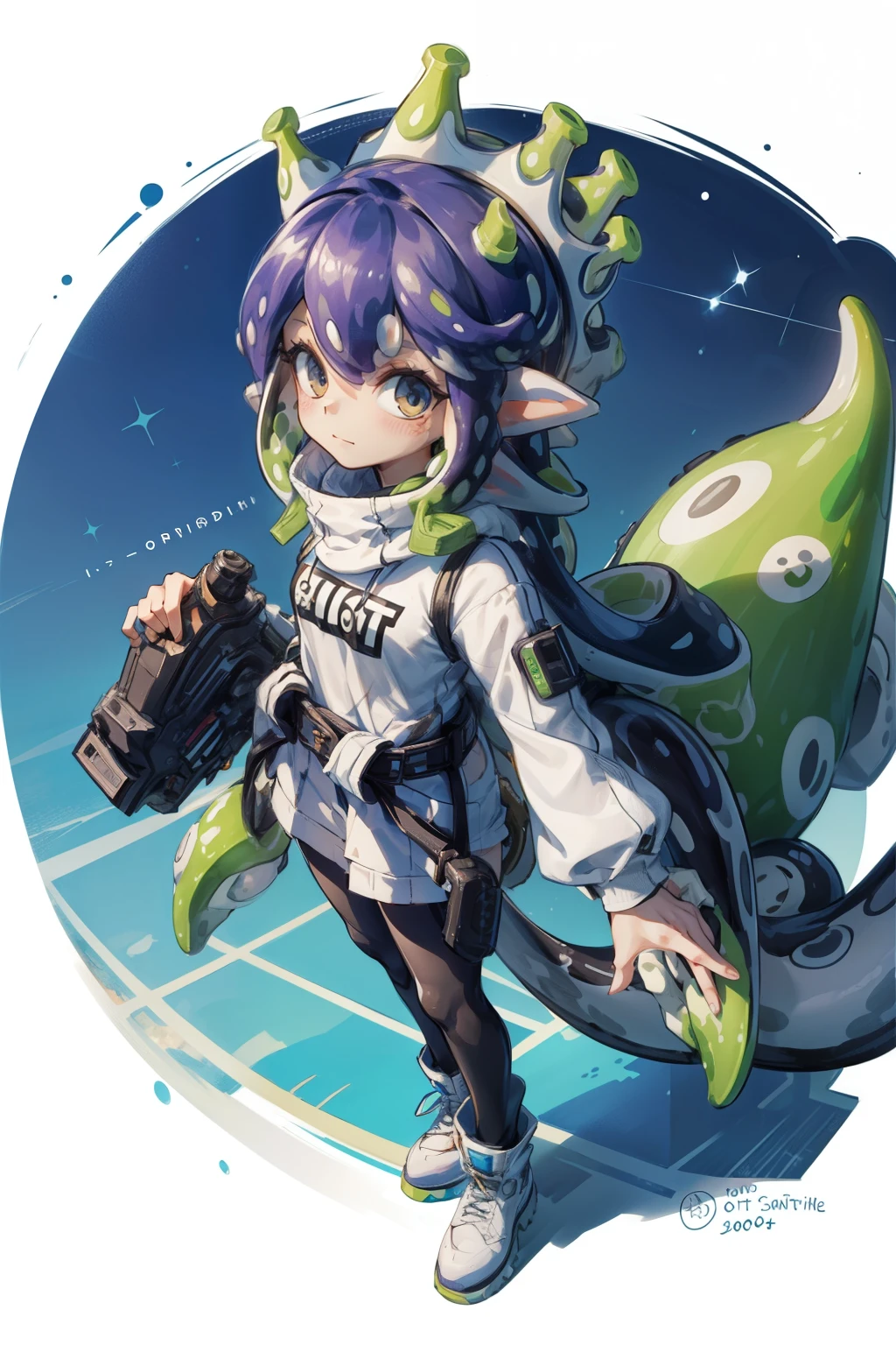 aerial photograph,From above、(Giant Splatoon Girl)、20,000 Foot Tall Girl,Weight: 1000kg,Waist-length tentacle hair,Gradient colored tentacle hair,Crown,She's wearing cute white sandals,White punk gloves,Lace Pantyhose,Pantyhose decorated with ribbons and staricro Mini Skirt、黑色蕾丝whole body,Standing tall in a small town,In a miniature town、Beautiful appearance,Beautiful Face、A slightly thinner face、Golden Eyes、gigantic breast、Cleavage、Exquisite makeup,quality,8K,高quality,Perfect Proportions, Cinema Lighting,Film Grain,Colors of Fuji,8K,Textured skin,Super Detail,High detail,High resolution,smile,blush、whole body,slender,feather、Real Anime、3d、