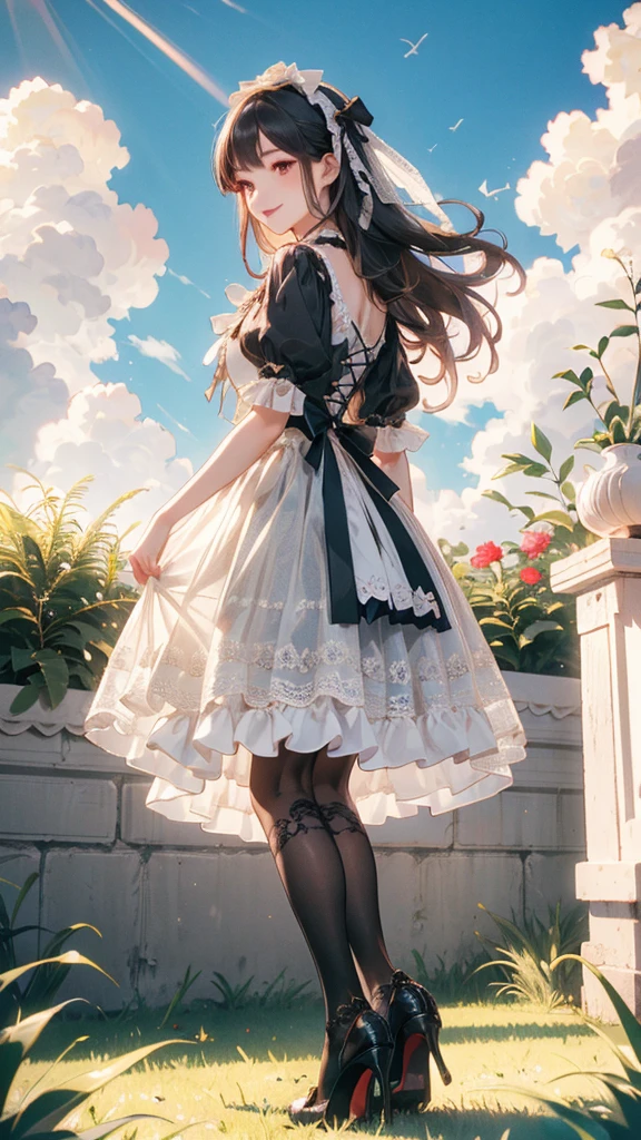 (Practical:1.3), Meticulous attention to detail, quality, (masterpiece:1.2), Delicate skin， (Intricate details), dramatic, Ray Tracing, 1 Girl, Smile, Very long hair, Bangs, Tutu，（（Lolita_skirt））, have,Ribbon,Lace,stocking, High heel, (outdoor, Sunny Day, garden, cloud)