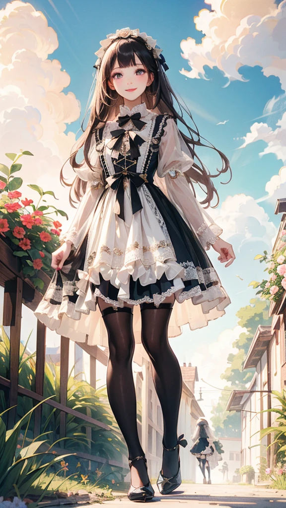 (Practical:1.3), Meticulous attention to detail, quality, (masterpiece:1.2), Delicate skin, (Intricate details), dramatic, Ray Tracing, 1 Girl, Smile, Very long hair, Bangs, Tutu,((Lolita_skirt)), have,Ribbon,Lace,stocking, High heel, (outdoor, Sunny Day, garden, cloud)