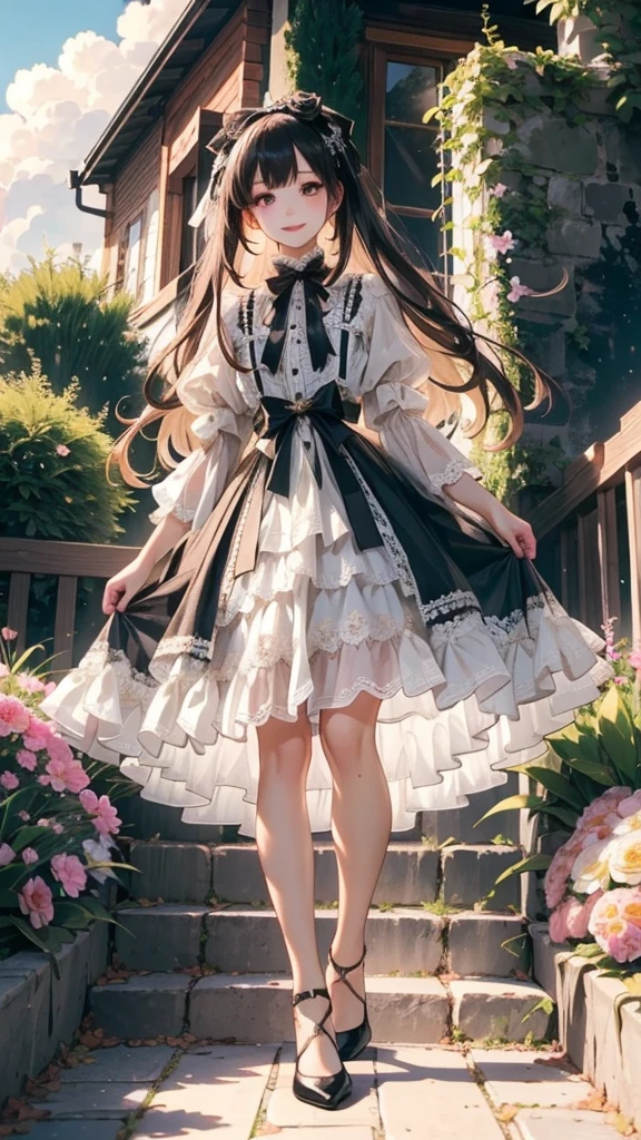 (Practical:1.3), Meticulous attention to detail, quality, (masterpiece:1.2), Delicate skin, (Intricate details), dramatic, Ray Tracing, 1 Girl, Smile, Very long hair, Bangs, Tutu,((Lolita_skirt)), have,Ribbon,Lace,stocking, High heel, (outdoor, Sunny Day, garden, cloud)