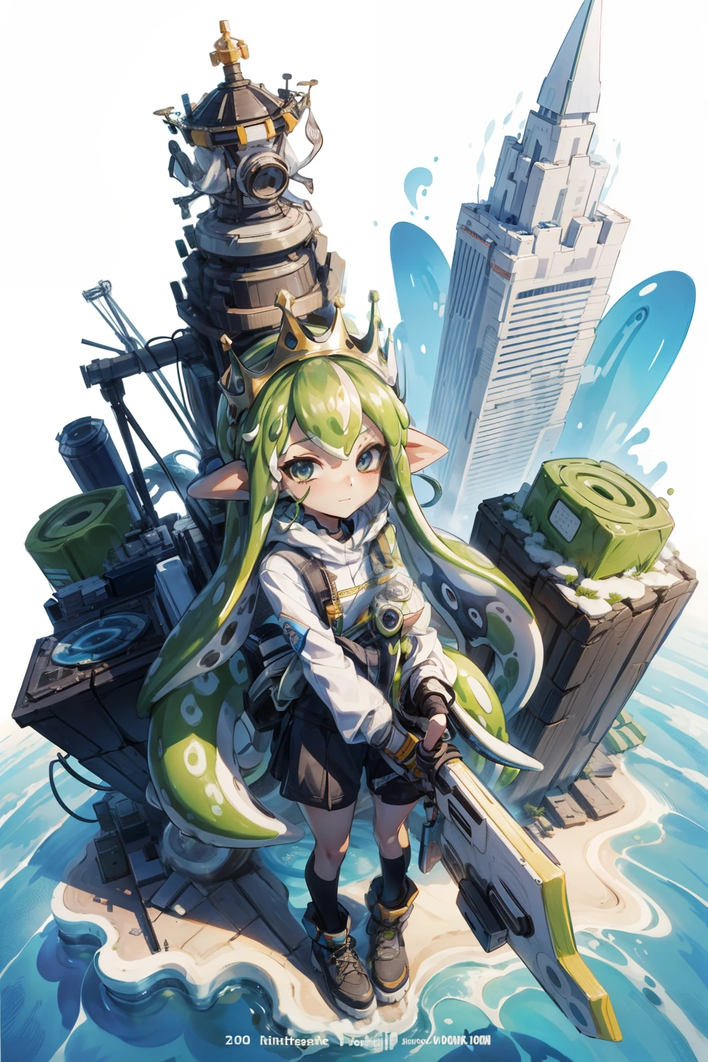 aerial photograph,From above、(Giant Splatoon Girl)、20,000 Foot Tall Girl,Weight: 1000kg,Waist-length tentacle hair,Gradient colored tentacle hair,Crown,She's wearing cute white sandals,White punk gloves,Lace Pantyhose,Pantyhose decorated with ribbons and staricro Mini Skirt、黑色蕾丝whole body,Standing tall in a small town,In a miniature town、Beautiful appearance,Beautiful Face、A slightly thinner face、Golden Eyes、gigantic breast、Cleavage、Exquisite makeup,quality,8K,高quality,Perfect Proportions, Cinema Lighting,Film Grain,Colors of Fuji,8K,Textured skin,Super Detail,High detail,High resolution,smile,blush、whole body,slender,feather、Real Anime、3d、