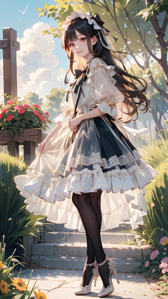 (Practical:1.3), Meticulous attention to detail, quality, (masterpiece:1.2), Delicate skin, (Intricate details), dramatic, Ray Tracing, 1 Girl, Smile, Very long hair, Bangs, Tutu,((Lolita_skirt)), have,Ribbon,Lace,stocking, High heel, (outdoor, Sunny Day, garden, cloud)