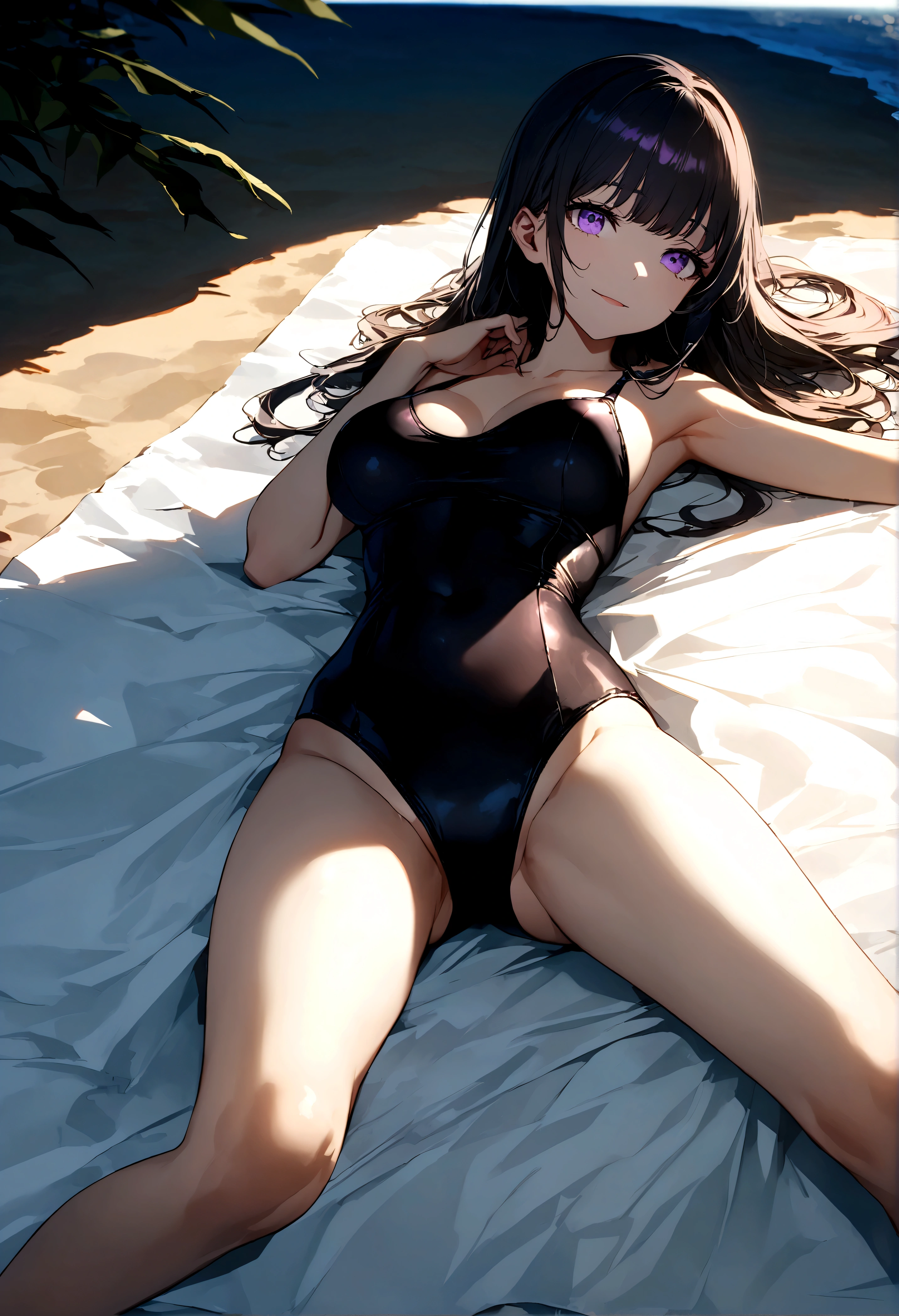 32k, best quality, ultra high res, HDR, UHD, extremely detailed CG, unity 32k wallpaper, very cute, , 1 person, Purple eyes, ((black competitive swimsuit)), Beach, black long hair, (large breasts), (Laugh shyly), ((Lie down on a picnic sheet)), (((Spread your legs wide))),