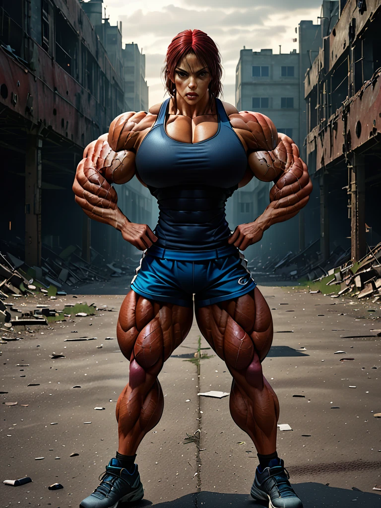 muscular woman, 1 girl, muscular physique, detailed facial features, intense expression, athletic pose, athletic clothing, dramatic lighting, cinematic composition, dark fantasy, moody colors, dramatic shadows, gritty realism, dark atmosphere, post-apocalyptic setting, highly detailed, cinematic lighting, masterpiece, hyper detailed, 8k, photorealistic