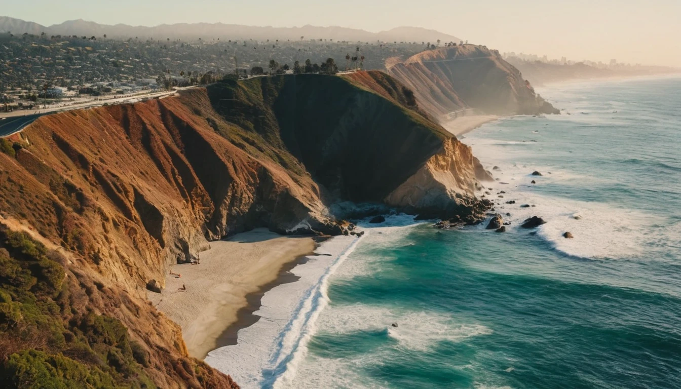 Drone view of waves crashing against the rugged cliffs along Los Angels' beach. The crashing blue waters create white-tipped waves, while the soft pink light of the rising sun illuminates the shore. Los Angeles city with many skyscrapers in the distance.The steep drop from the road down to the beach is a dramatic feat, with the cliff’s edges jutting out over the sea. This is a view that captures the raw beauty of the coast and the rugged landscape.Photorealistic Reflections on the water, realistic splashing waves, real water surface.
Extremely highly intricate details and photorealistic materials.Photorealistic Reflections.Natural lights, neutral colors, lomochrome,dramatic, dynamic composition. Consistent structure of the buildings, static environment,consistent movement of the camera.Contrast lighting, volumetric lighting, best shadows,sharp focus, depth pf field, Realism, Cinematic, Photoreal,Panavision 70s movie styled in color, celluloid, uhd, hdr, 4k, 35mm film Screengrab a 1950s Super Panavision 70 film, in color. Best shadows, best quality. Lifelike textures, sharp focus, depth of field, realism, photorealism, vintage color tones, cinematic lighting, contrast lighting, soft front light, insanely intricate details, hdr, uhd, 8k, 35 mm film, analog camera shot.