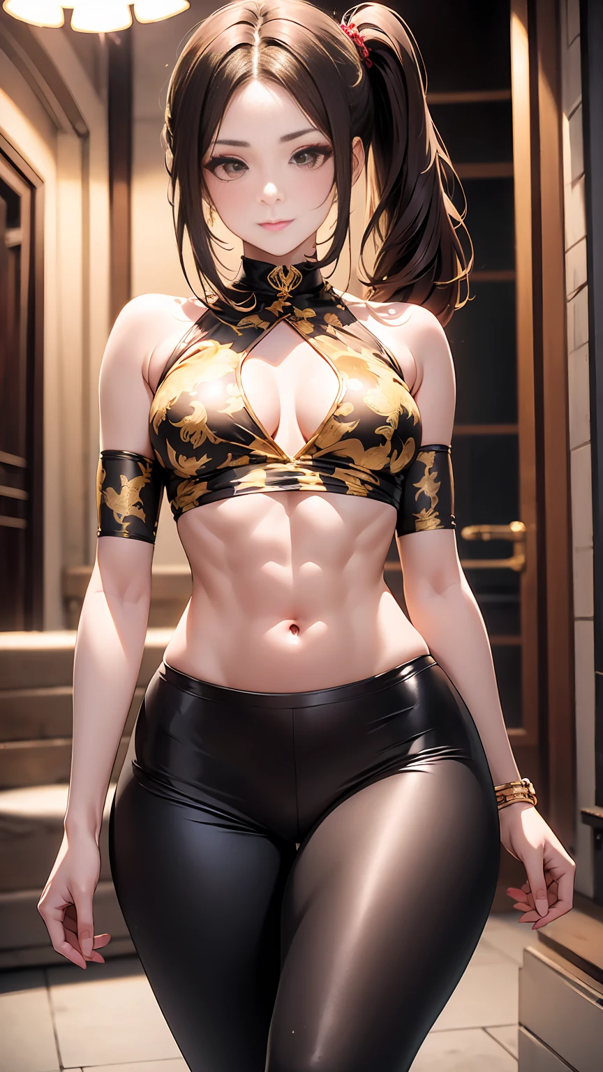 Beautiful woman with mid straight ponytail brown hair with brown eyes wearing an Black Tight Leggings With Golden Dragon Prints, a Red Sexy Criss Cross Mock Neck Mid Sleeves Blouse With Phoenix Prints, luxurious jewelry and a luxurious necklace, 18k gold wedding ring on left hand, fighting in a wide field at night, (caucasian skin), (light brown lipstick), (elegant mascara), (slim body with abs), (small breasts), (wide hips), midjourney, <lora:GoodHands-, <lora:GoodLegs-, UHD, high resolution, (masterpiece:1.1, best quality), (expressive eyes, perfect face, full body, expressive face, perfect body, perfect pussy, athletic, fit, slim body, blushing, Perfect makeup, eyeliner, beautiful eyelashes, smiling, horny face), ((best illumination, best shadows)), ((fight pose)),