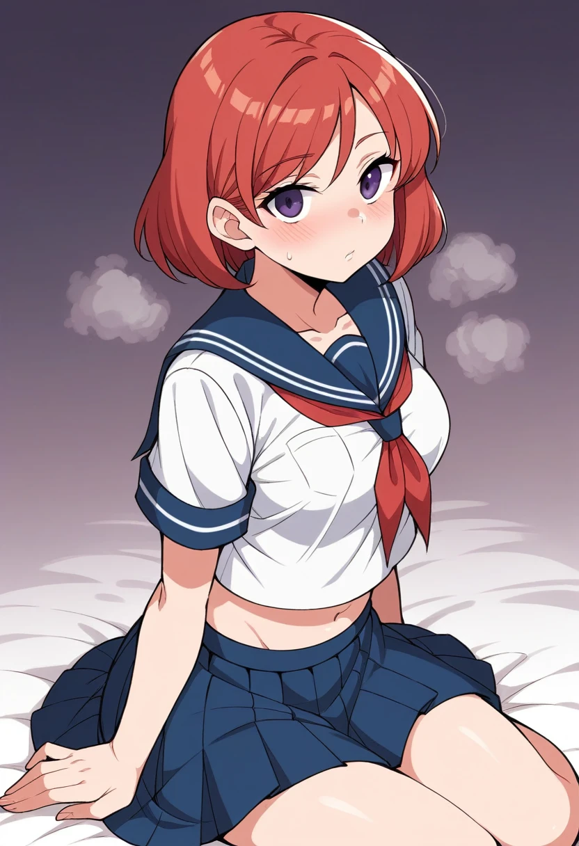 masterpiece, best quality,8k wallpaper, nishikino maki, breasts, looking_at_viewer, blush,red hair ,purple_eyes, skirt, large_breasts, navel, sitting, school_uniform, short_sleeves, pleated_skirt, serafuku, sailor_collar, neckerchief, black_sailor_collar, empty_eyes, steaming_body, uranohoshi_school_uniform, castlevania style 