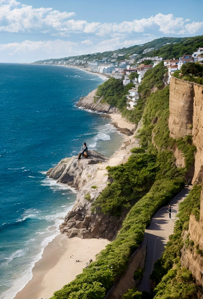 A young man,He is on the cliff by the sea,Looking at the sea level,There is a supercar in the picture,bike,kitten,The scene is vast