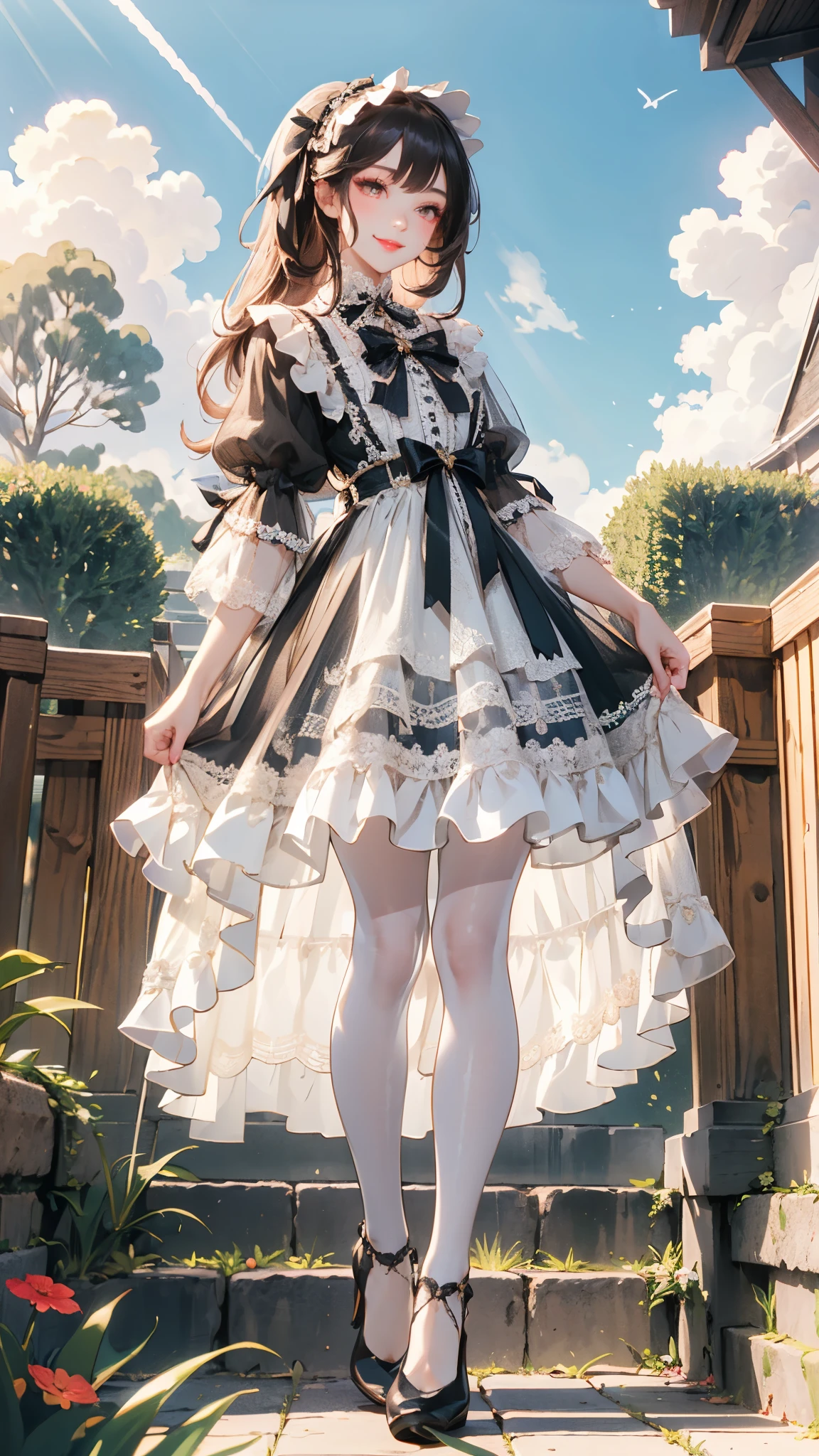 (Practical:1.3), Meticulous attention to detail, quality, (masterpiece:1.2), Delicate skin, (Intricate details), dramatic, Ray Tracing, 1 Girl, Smile, Very long hair, Bangs, Tutu,((Lolita_skirt)), have,Ribbon,Lace,stocking, High heel, (outdoor, Sunny Day, garden, cloud)