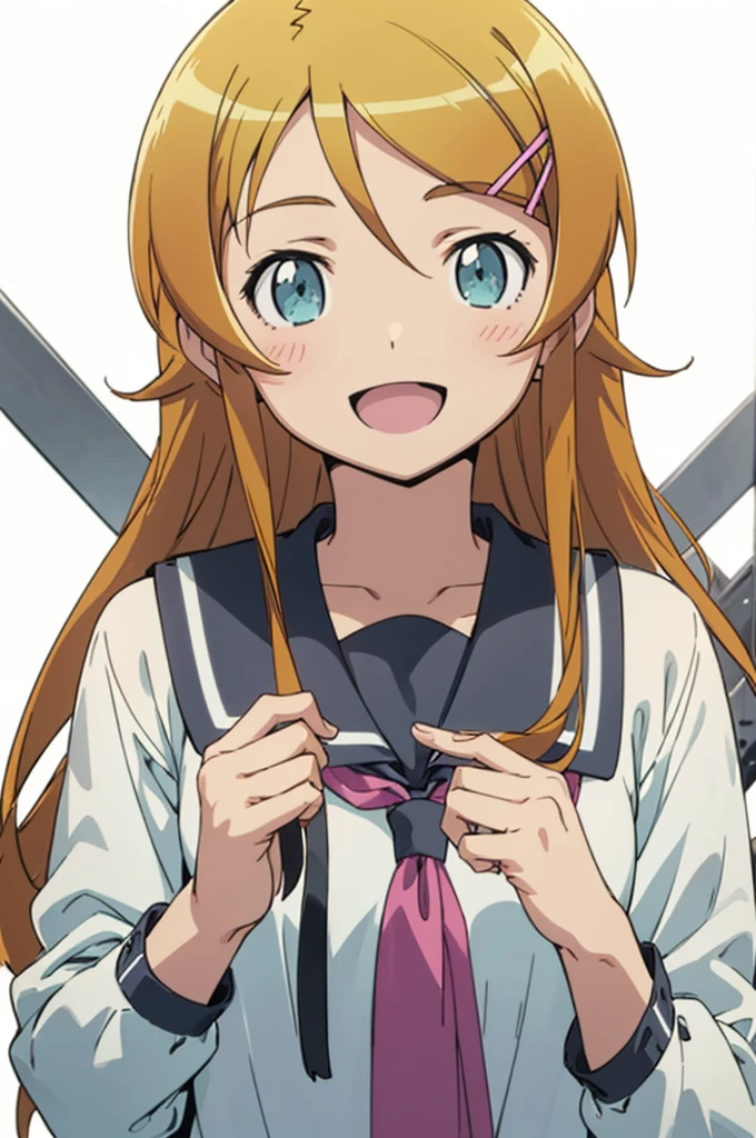 solo, 1girl, looking at viewer, 2D, anime, anime coloring, upper body, (simple background, solid white background:1.3), kirino kousaka, serafuku, , smile, :d