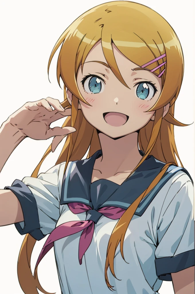 solo, 1girl, looking at viewer, 2D, anime, anime coloring, upper body, (simple background, solid white background:1.3), kirino kousaka, serafuku, , smile, :d