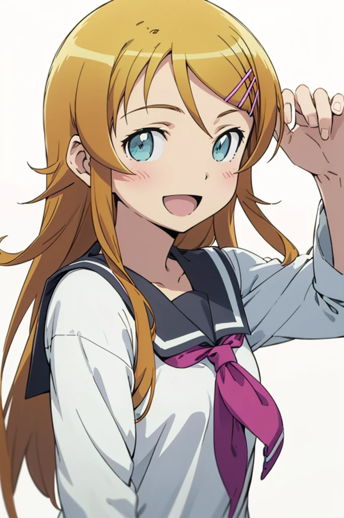 solo, 1girl, looking at viewer, 2D, anime, anime coloring, upper body, (simple background, solid white background:1.3), kirino kousaka, serafuku, , smile, :d