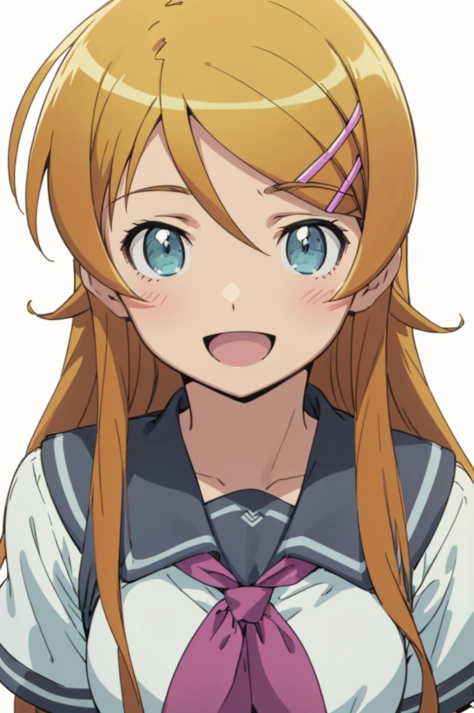 solo, 1girl, looking at viewer, 2D, anime, anime coloring, upper body, (simple background, solid white background:1.3), kirino kousaka, serafuku, , smile, :d