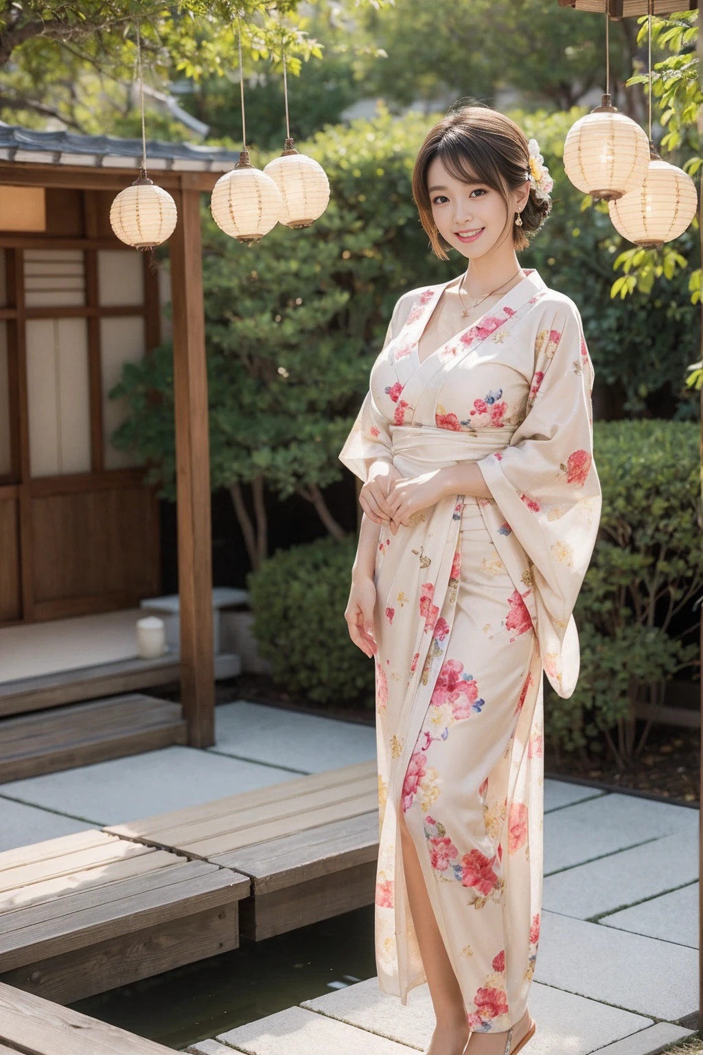 high quality,8K, Detailed facial depiction, Detailed description of the eyes,One Woman, Light brown hair(Short Hair),Beautiful Japanese Girl,24-years-old,Cute eyes,Cute Smile,Yukata beauty,The yellow floral yukata is open and very sexy.,The front of the yukata is open, revealing a sexy bra,Lace underwear,String panties,Slender body, Large, plump breast size, Long and beautiful legs,Smiling, Colorful earrings,necklace,Are standing,Beautiful nape,Japan tatami room,Feminine gestures,Dry landscape garden,wind chimes,