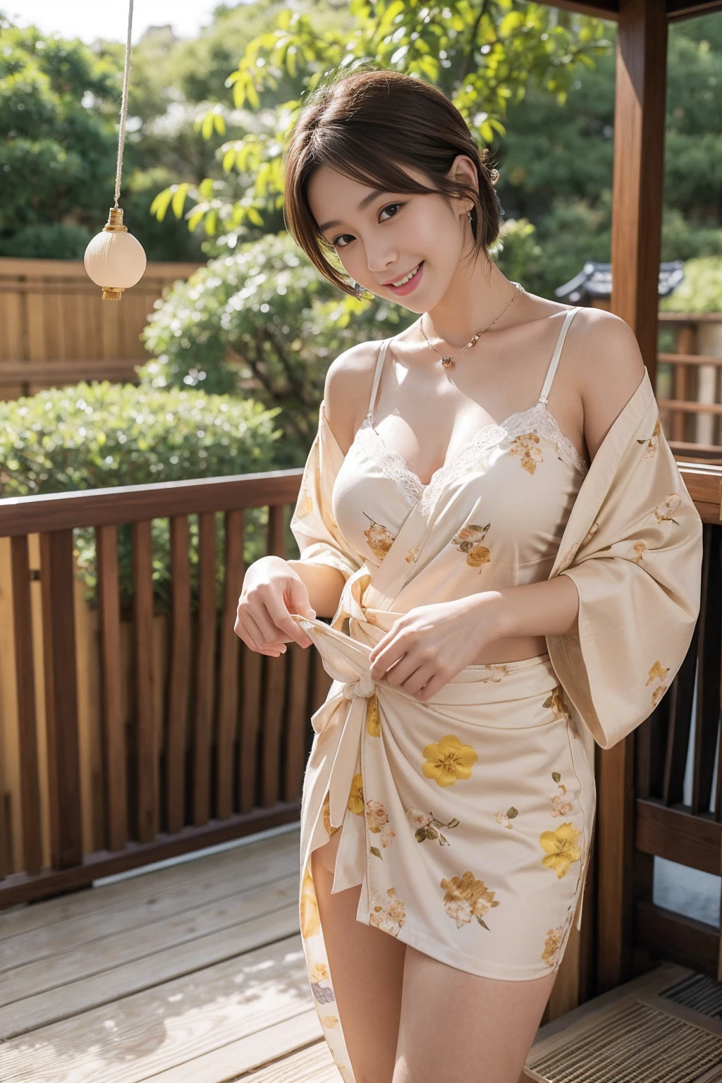 high quality,8K, Detailed facial depiction, Detailed description of the eyes,One Woman, Light brown hair(Short Hair),Beautiful Japanese Girl,24-years-old,Cute eyes,Cute Smile,Yukata beauty,The yellow floral yukata is open and very sexy.,The front of the yukata is open, revealing a sexy bra,Lace underwear,String panties,Slender body, Large, plump breast size, Long and beautiful legs,Smiling, Colorful earrings,necklace,Are standing,Beautiful nape,Japan tatami room,Feminine gestures,Dry landscape garden,wind chimes,
