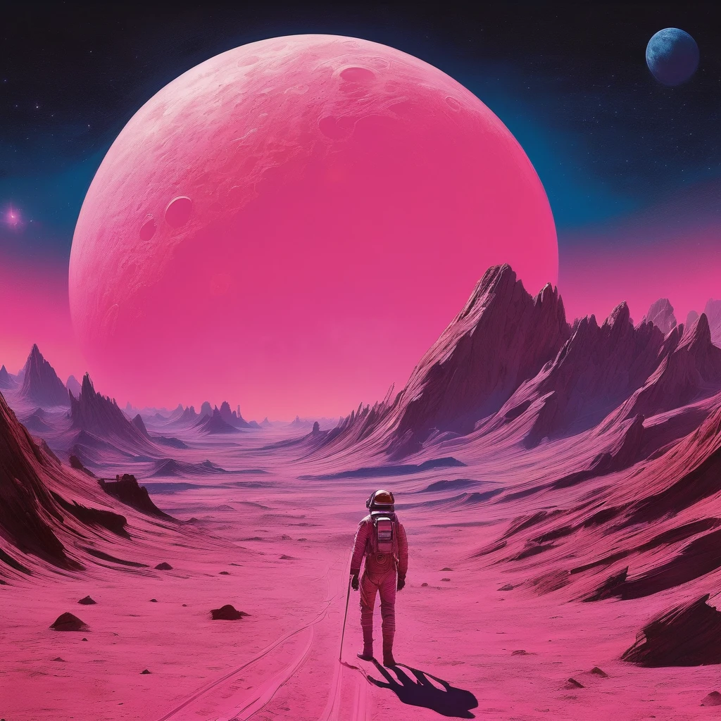 In the style of Chesley Bonestell，Depicting an adventurer wandering an alien desert under the light of a giant pink moon，The screen contains dynamic elements，like swirling dust、Distant alien plants and strange objects in the sky，Use wide-angle perspective to create immersion，Get In Style With Charles Dana Gibson。pink，galaxy，universe space