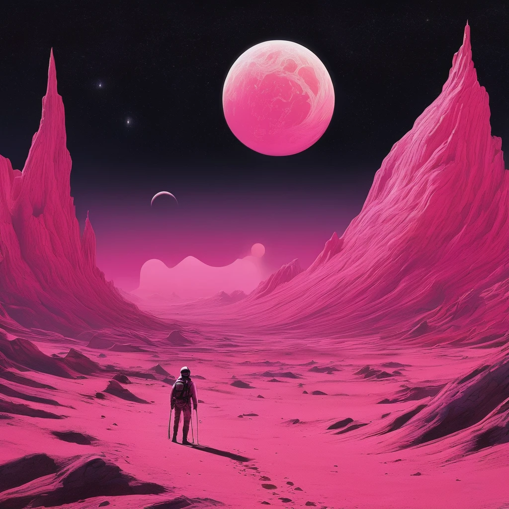In the style of Chesley Bonestell,Depicting an adventurer wandering an alien desert under the light of a giant pink moon,The screen contains dynamic elements,like swirling dust、Distant alien plants and strange objects in the sky,Use wide-angle perspective to create immersion,Get In Style With Charles Dana Gibson。pink,galaxy,universe space