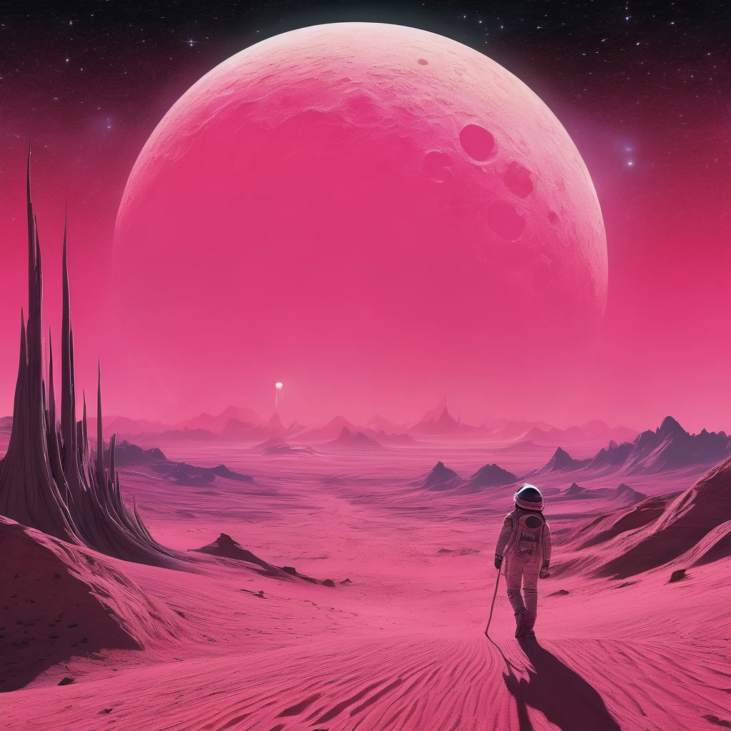 In the style of Chesley Bonestell,Depicting an adventurer wandering an alien desert under the light of a giant pink moon,The screen contains dynamic elements,like swirling dust、Distant alien plants and strange objects in the sky,Use wide-angle perspective to create immersion,Get In Style With Charles Dana Gibson。pink,galaxy,universe space