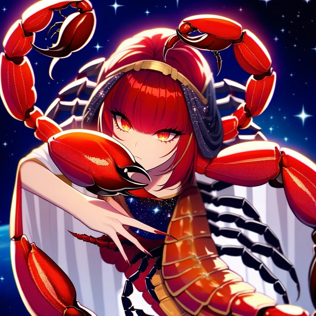 (Yellow plum、high quality、Very detailed),Constellation Scorpion 、Poisonous tail,(((Huge reddish black scorpion:1.6))),A woman intimidating a Scorpio,Similar to the goodness of Latin,Brave,Long golden hair,Ancient Greek Costume、Wrap dress,(((The background is space:1.6))),Crystal Red Eye(Eye details),A powerful look