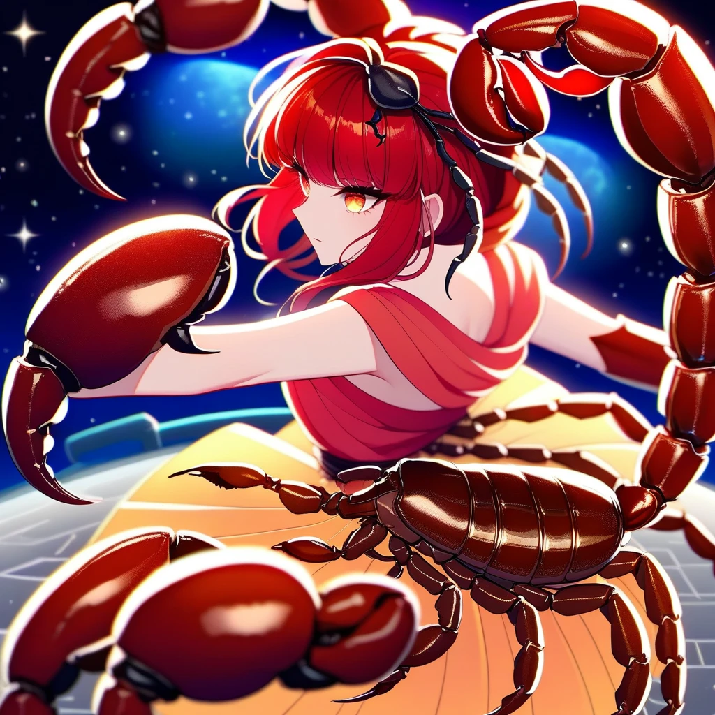 (Yellow plum、high quality、Very detailed),Constellation Scorpion 、Poisonous tail,(((Huge reddish black scorpion:1.6))),A woman intimidating a Scorpio,Similar to the goodness of Latin,Brave,Long golden hair,Ancient Greek Costume、Wrap dress,(((The background is space:1.6))),Crystal Red Eye(Eye details),A powerful look